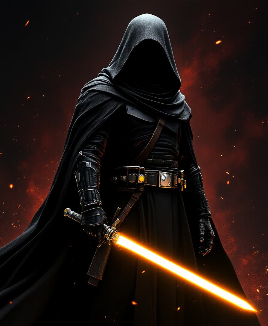 AI generated: Black Jedi Knight with yellow lightsaber