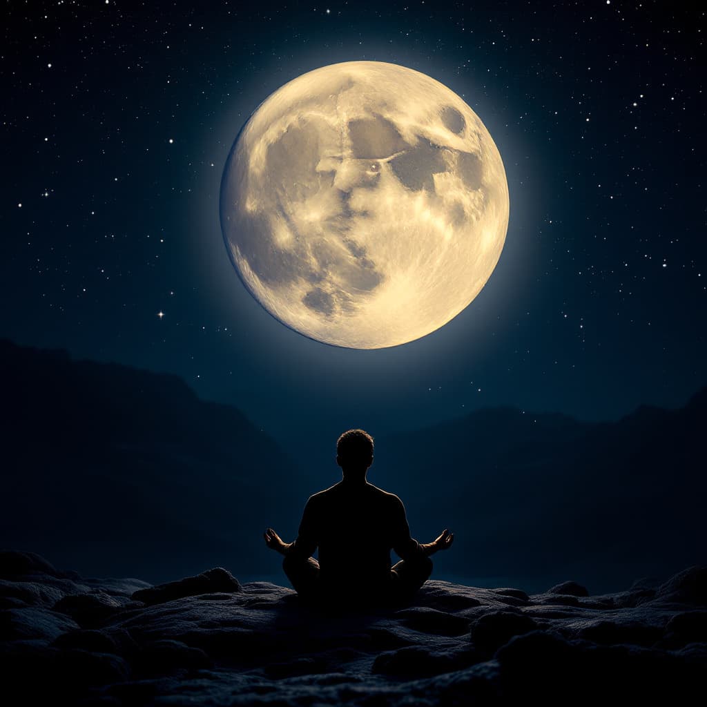 AI generated: A moon phase calendar with a person meditating under the moonlight.  dslr, ultra quality, sharp focu...