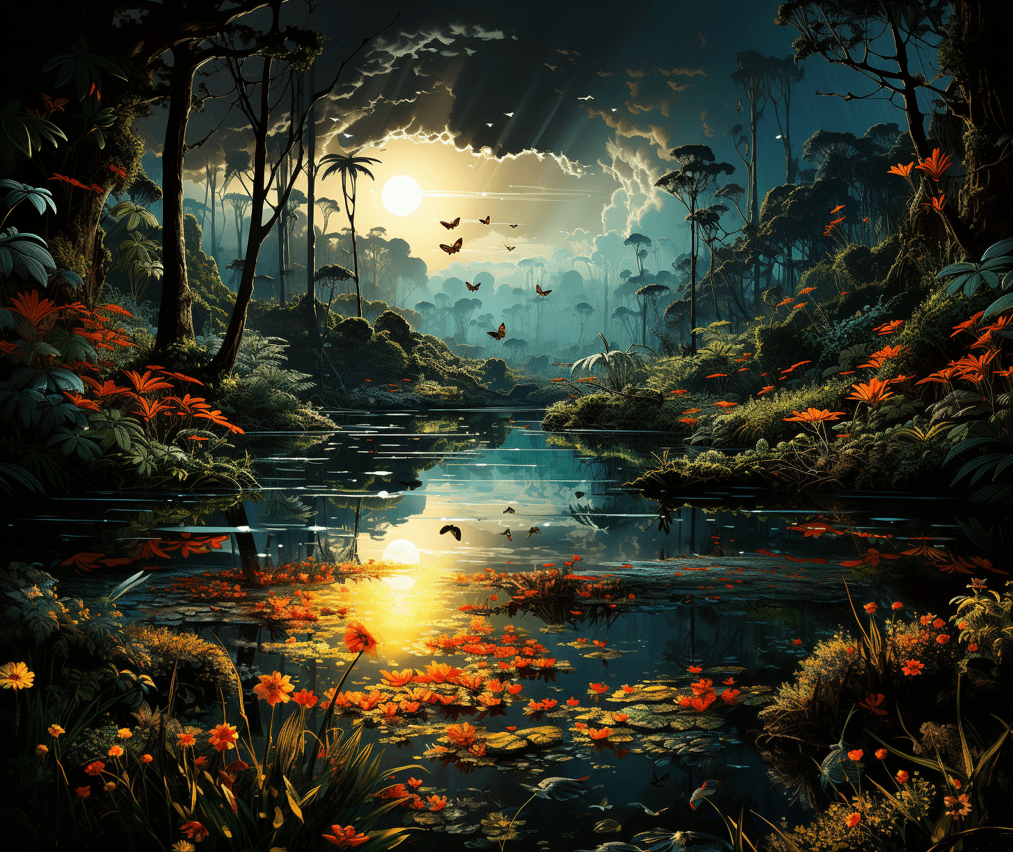 AI generated: ((masterpiece)), (best quality), (detailed), temperate rainforest, ivory, sunrise, butterflies, blue...