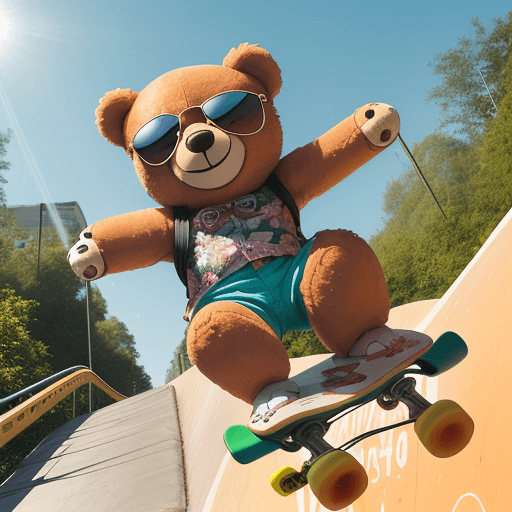 AI generated:  a photo of an adorable laughing teddy bear balancing on a skateboard. It's wearing stylish sunglass...
