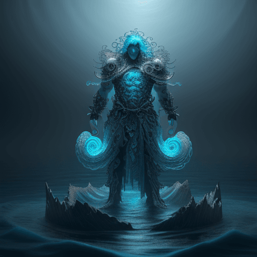 AI generated: brutal man king of ocean in spiral wave water, blue fog, mist background glorious , perfect face, re...