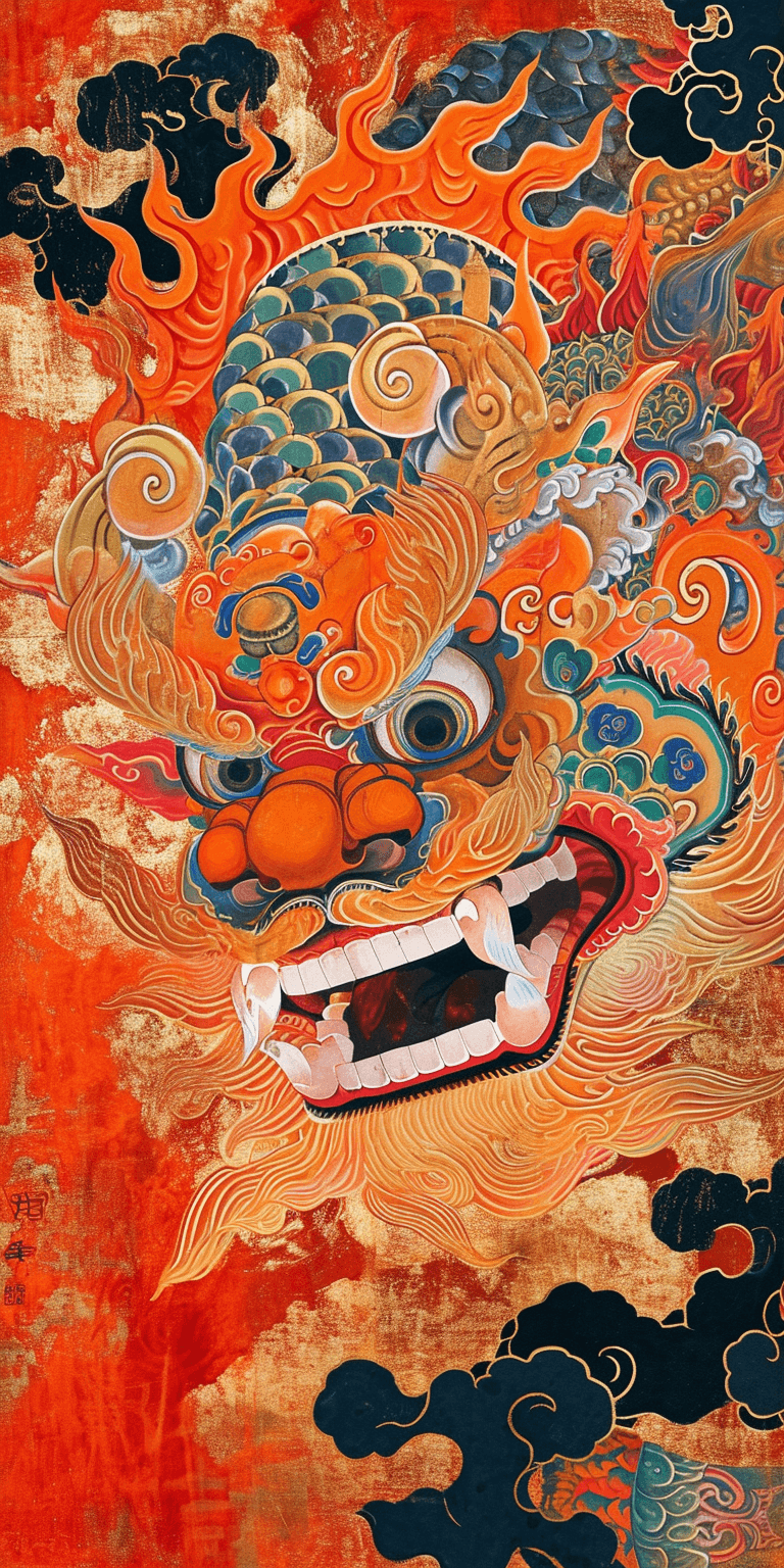 AI generated: Chinese Pixiu, Bright colors, one's eyes brimming with radiating vigour, There are auspicious clouds...