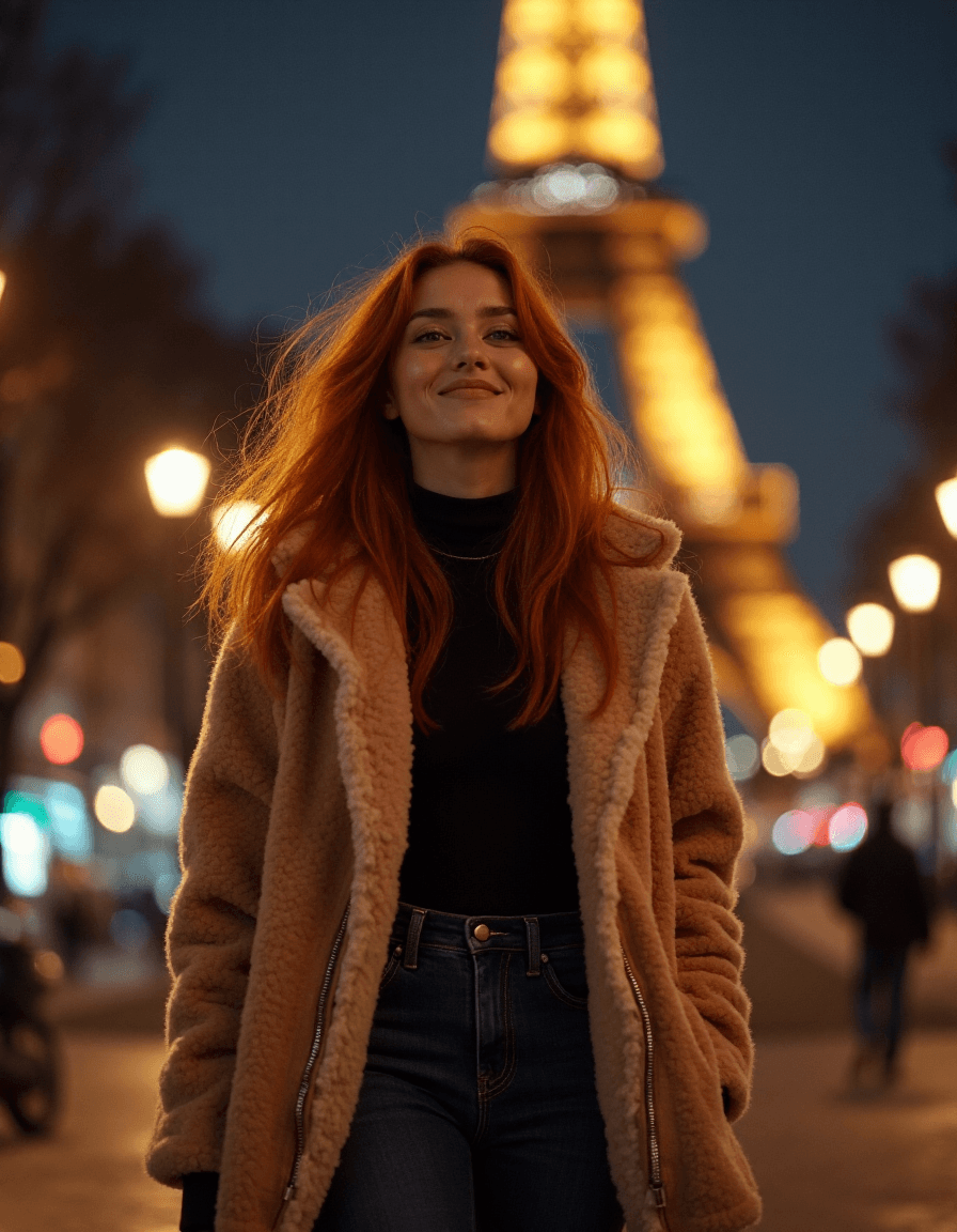 AI generated: a beautiful cute joyful and playful 29 year old woman view from bottom,red haired,dressed in a cozy ...