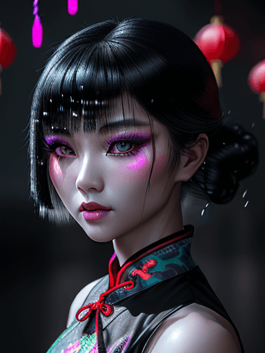 AI generated: Stunning young girl from southern Hunan, China, wearing a cheongsam, wild black hair, wavy cut with ...