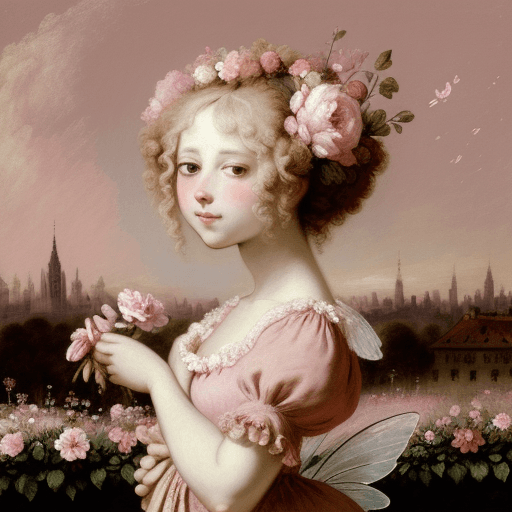 AI generated: Flower Fairy against the backdrop of the City of flowers in bright brush strokes of pink paint on a ...