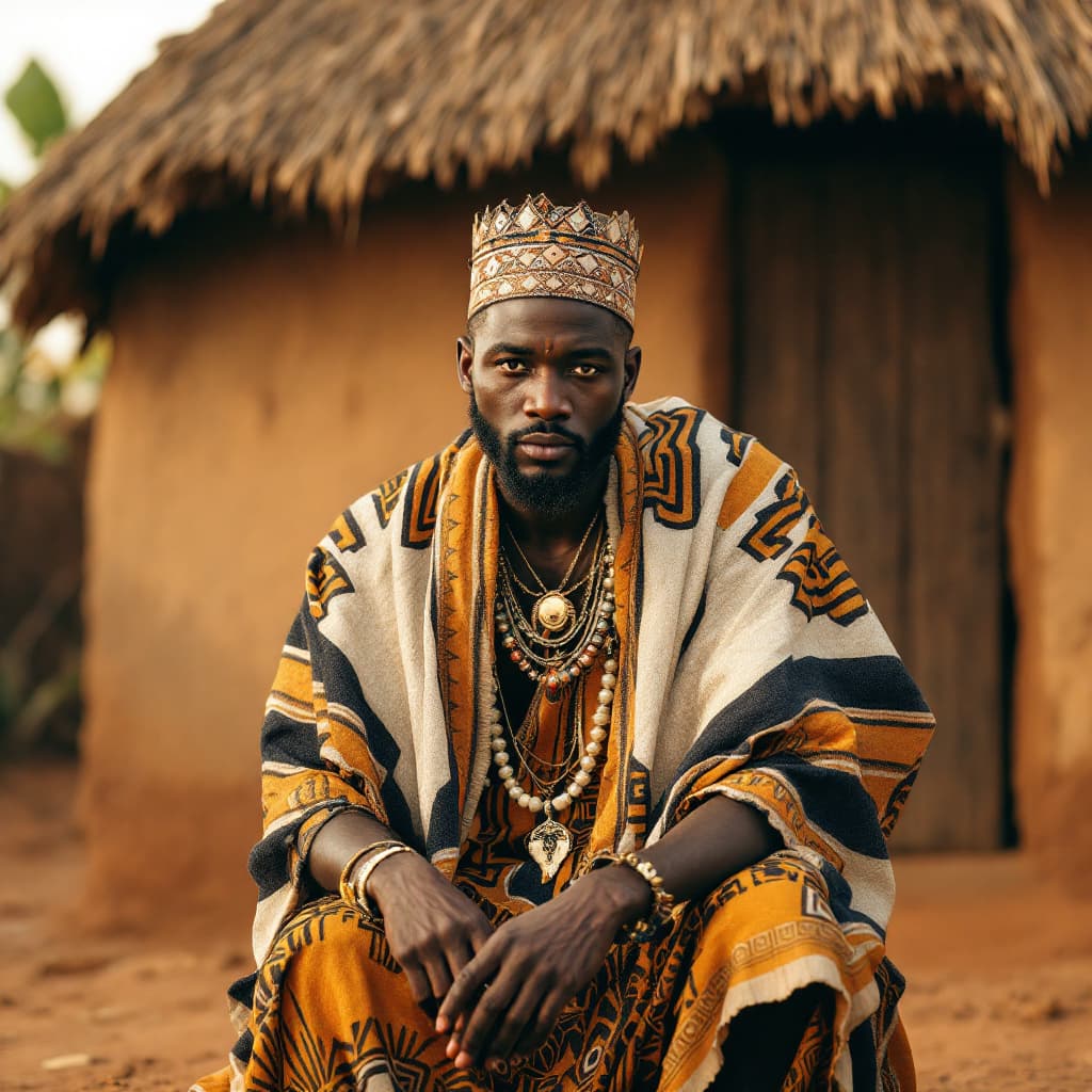 AI generated: A Yoruba man adoring a traditional ofi cloth sitting infront of a mud house with the traditional Yor...