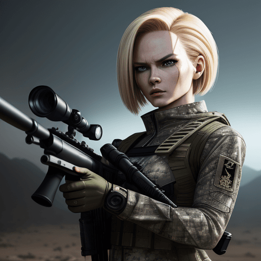 AI generated: 
intelligent girl 18 wearing camouflage and sniper gear, holding a sniper rifle, anthropomorphic, s...
