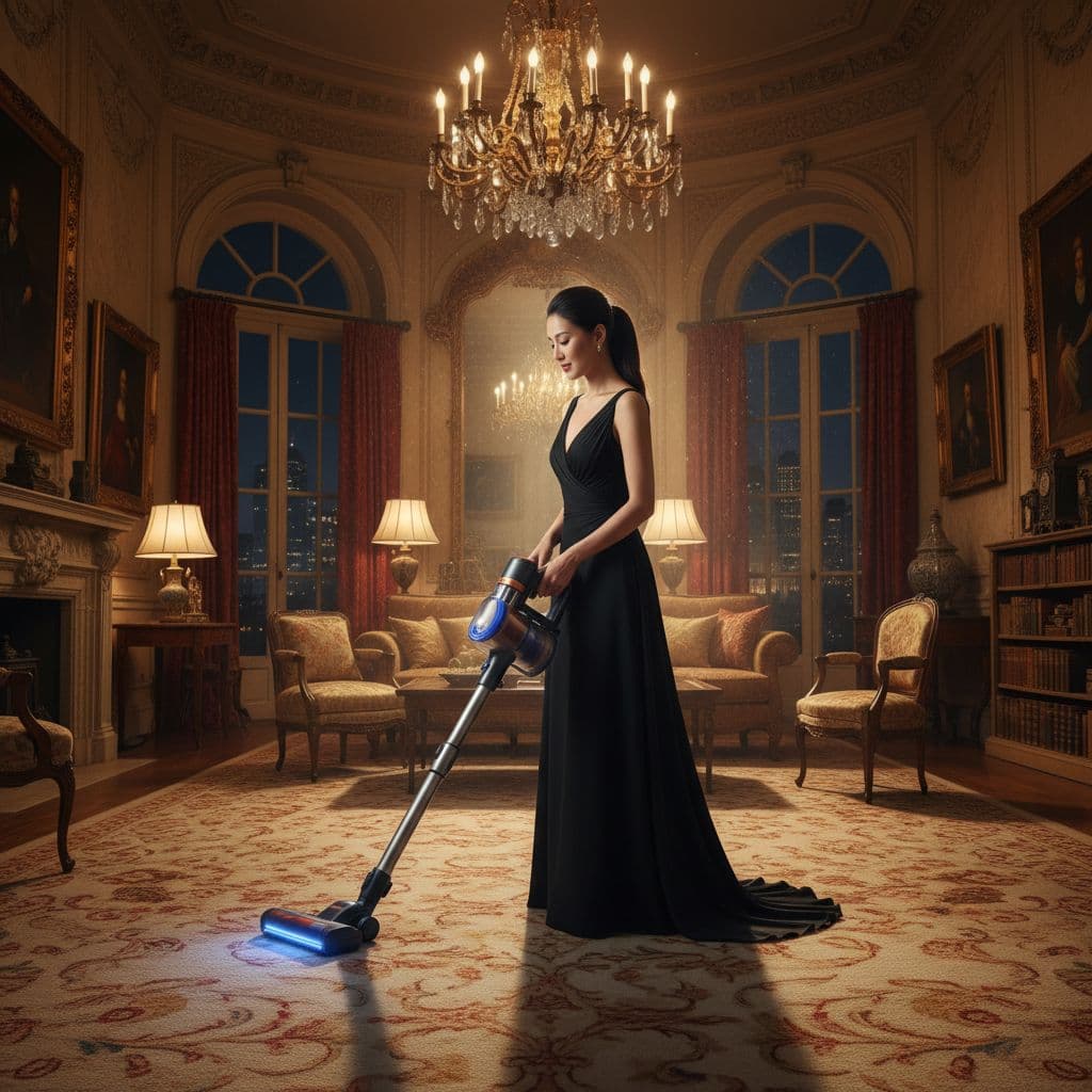 AI generated: image of an Asian woman wearing long black gown, vacuuming the carpet, hair in a pony tail, cinemati...