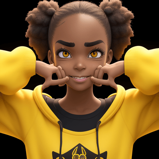AI generated: cheerful young girl in a yellow sweatshirt, happy face expressing questioning and confusion with sli...