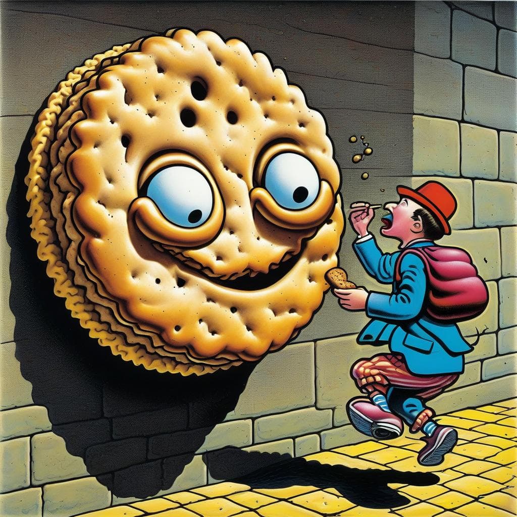 AI generated: In a dark humor style of Robert Crumb, lowbrow art, image of a Ricochet biscuit bouncing off a wall ...