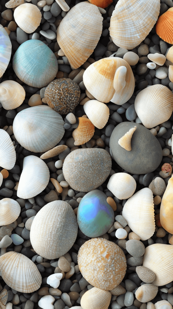 AI generated: sea sand and pebbles, open shell with a pearl