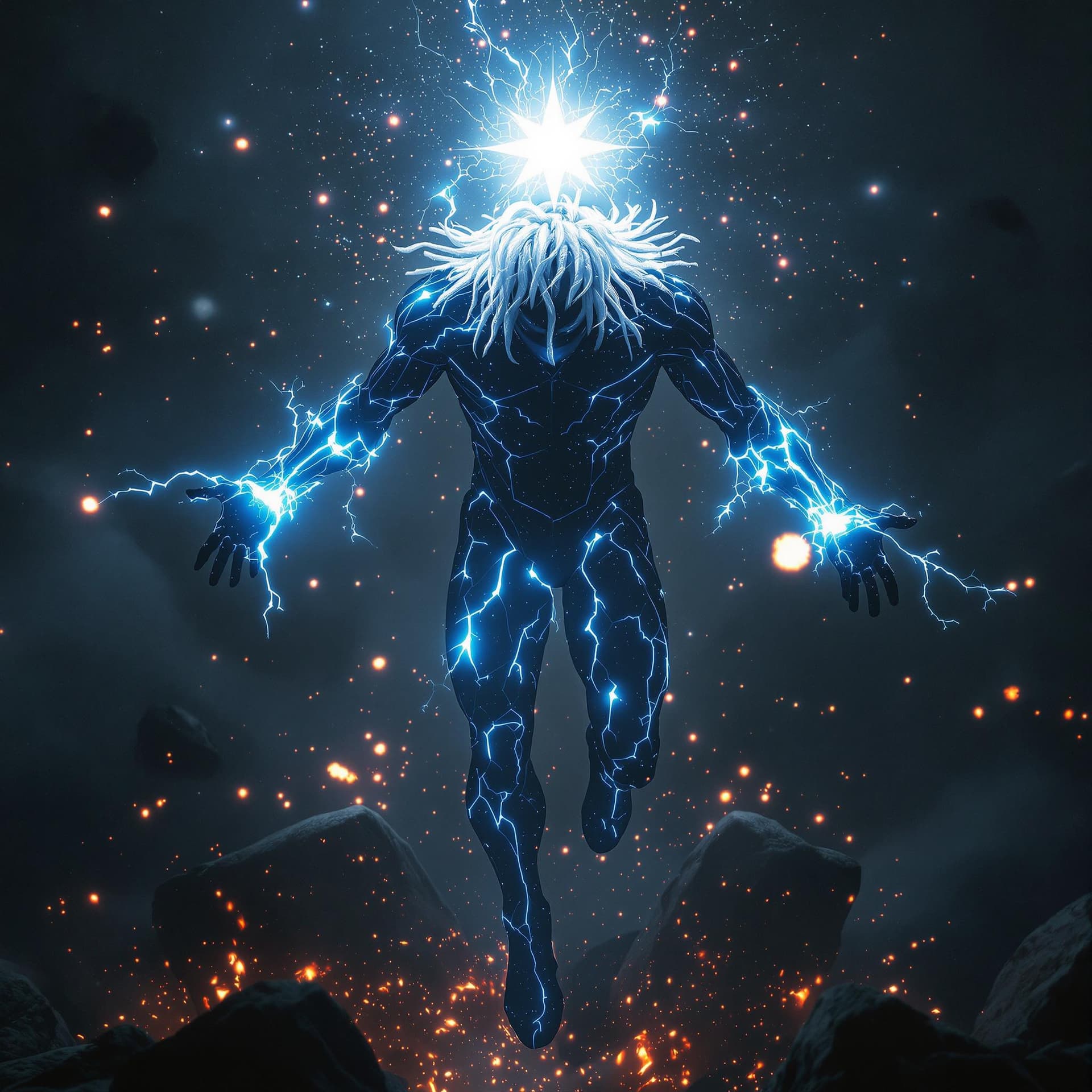 AI generated: front view of a PHOTOrealistic african american superHERO with white glowing short dreadlocks, his b...