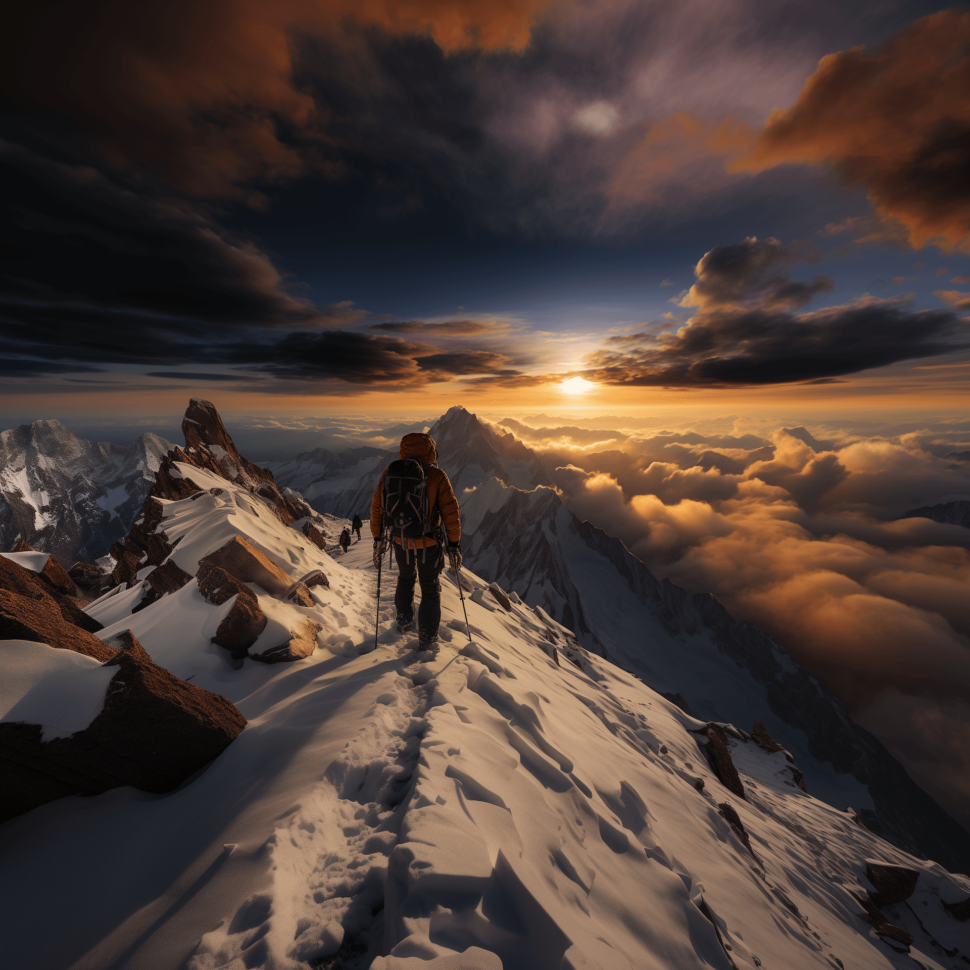 AI generated: Picture a climber reaching the summit of a snow-capped peak just as the sun breaks through the cloud...