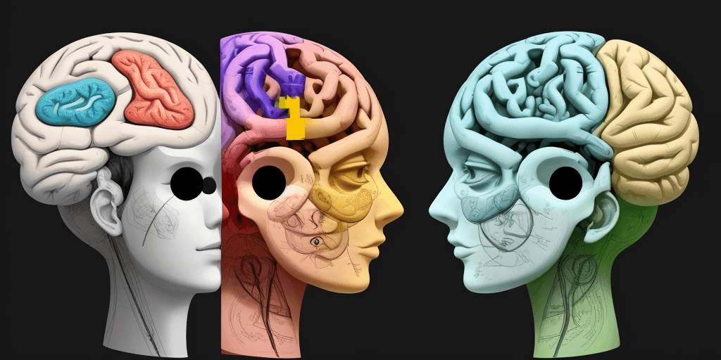 AI generated: Expressionist human brain presentation with left side being logical and mathematical side, and right...