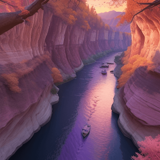 AI generated: realistic canyon with river running through.sunset with pink purple blue and red colors. trees with ...