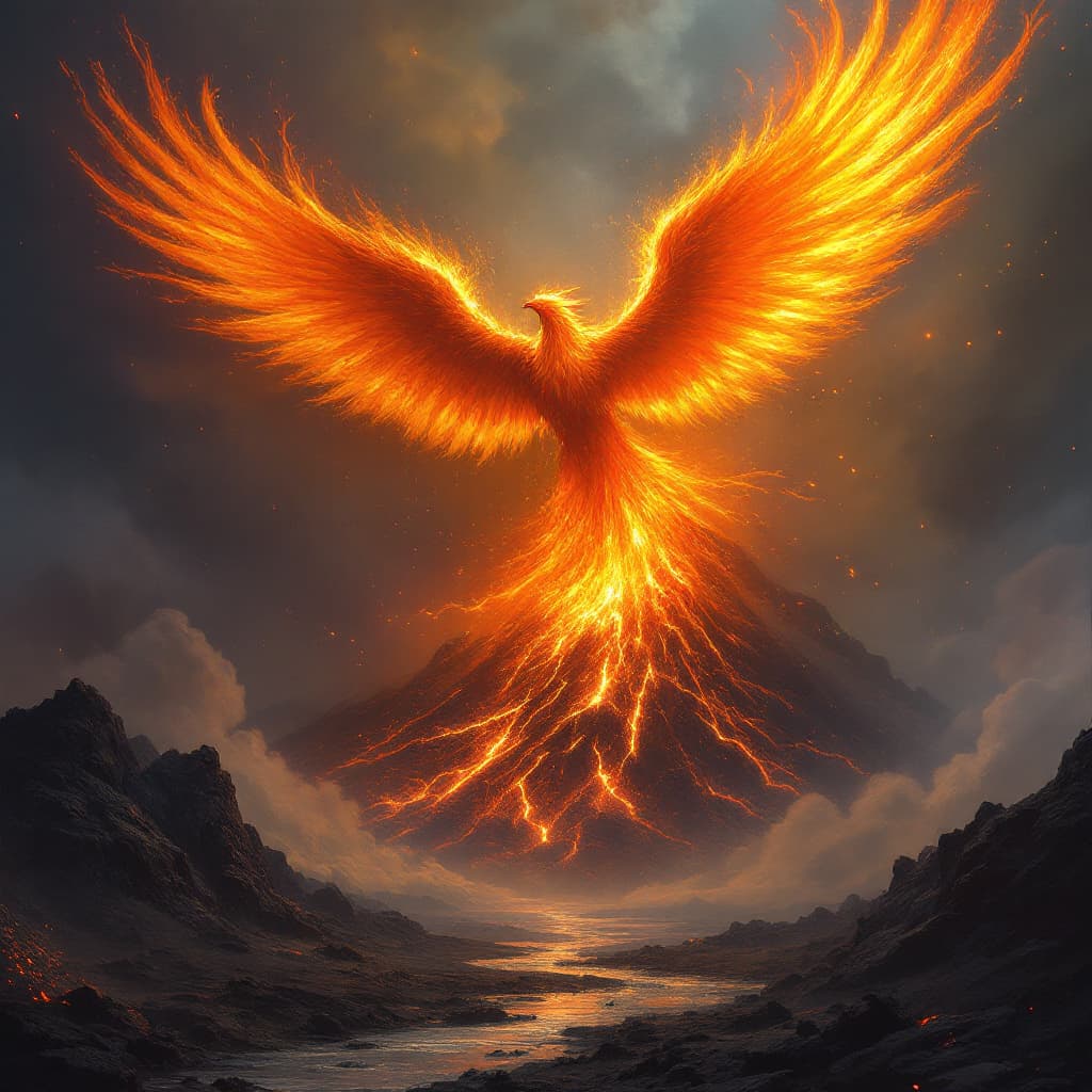AI generated: 48.	giant phoenix bursting from volcanic eruption, wings on fire --v 7 --style mythological epic --a...