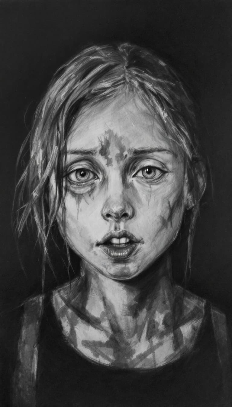 AI generated: Girl, charcoal sketch, scared
