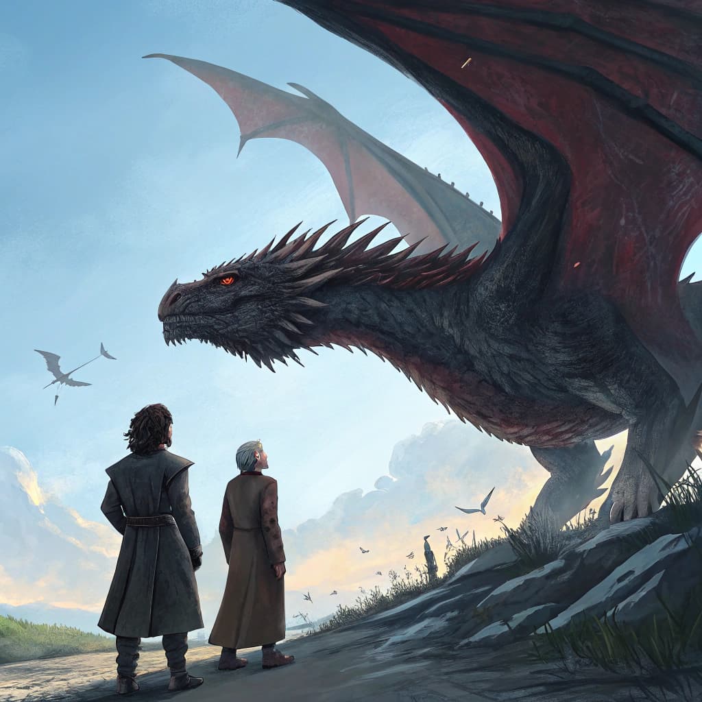 AI generated: two people are standing under a dragon watching , in the style of concept art, light sky-blue and da...