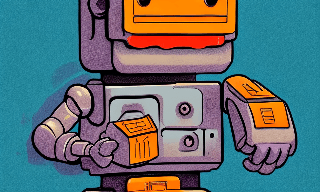 AI generated: Illustration of cute robot holding building blueprints+. high contrast, digital painting, sunset-, b...
