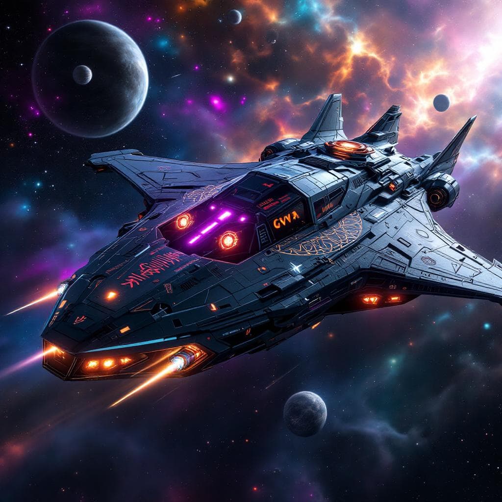 AI generated: Imagine, in detail, an alien spaceship to show a new design. An alien fighter. Show it in deep space...