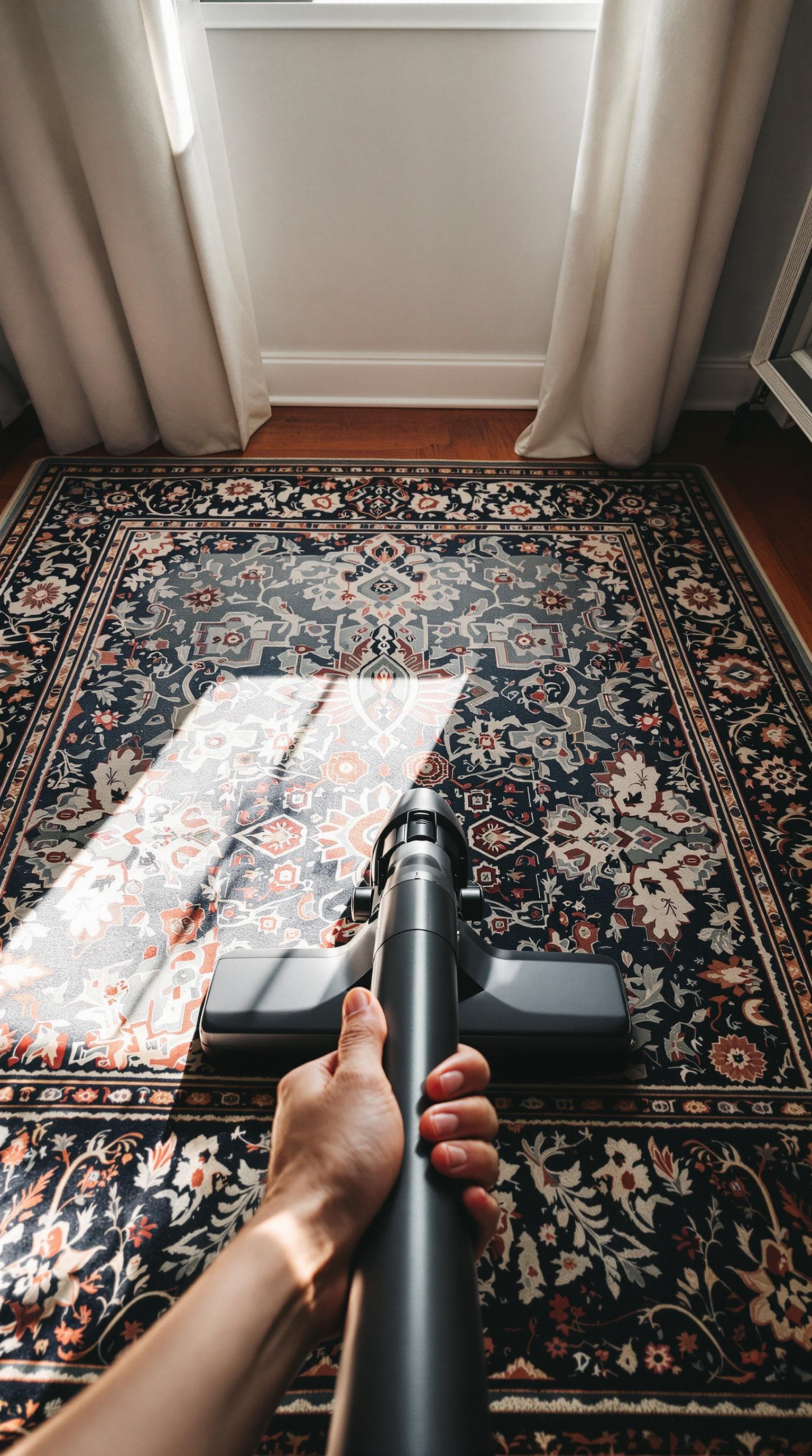 AI generated: POV first-person, I am vacuuming the floor in my small, minimalist home. The camera captures my firs...