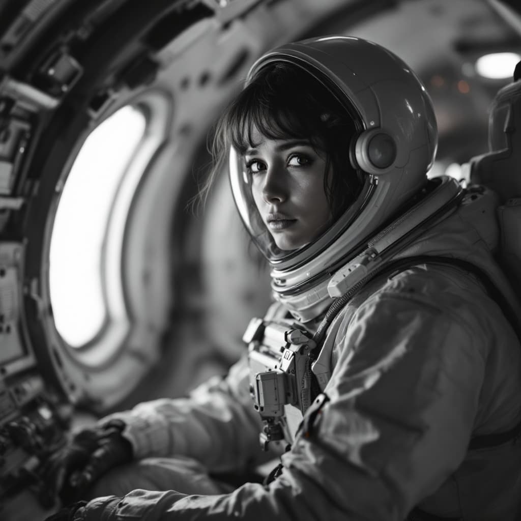 AI generated: black and white photography, female astronaut in old spacecraft cabin sadly looks on camera, highres...