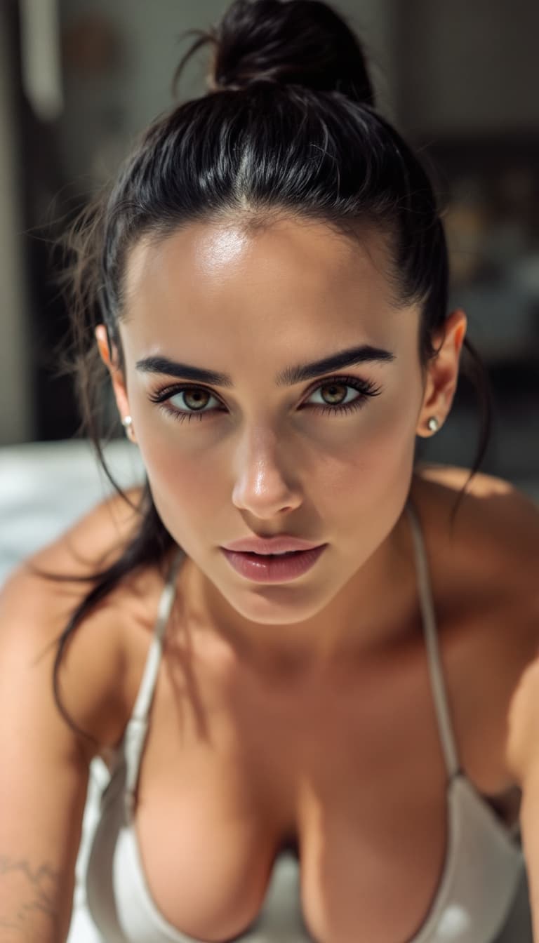 AI generated: Polarized photo , Jennifer Connelly,ponytail hairstyle, pushup pose.