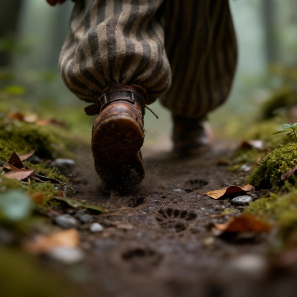 AI generated: Low cinematic shot, camera at ground level. Only the character's feet and footprints are visible (ma...