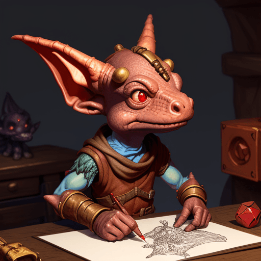 AI generated: Fantasy, DND, kobold, male, red, tinkerer, drawing