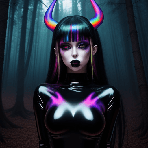 AI generated: Gorgeous demon girl wearing black latex clothing, black and rainbow psychedelic forest background, s...
