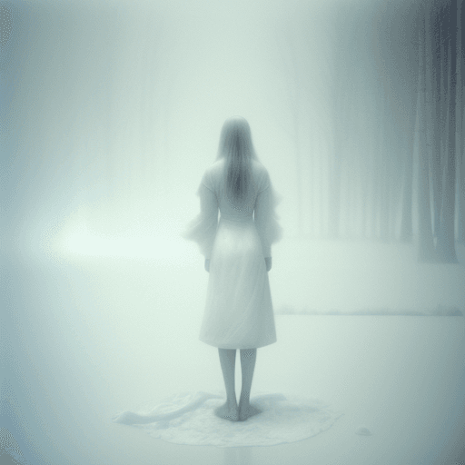 AI generated: a single women standing in a white fire, brushed white paint, by Whitney Sherman, fading off into th...