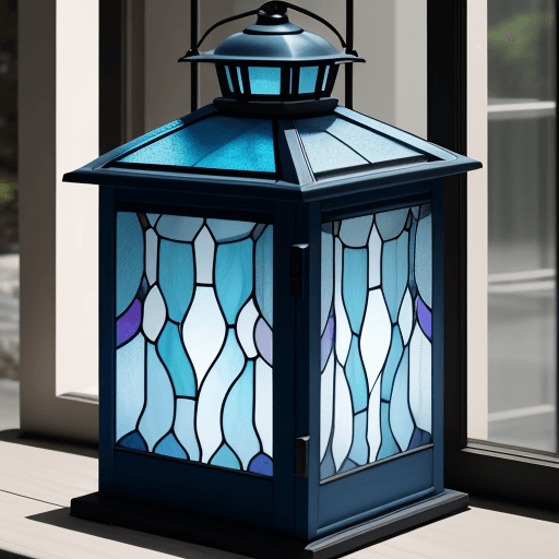 AI generated: photo of a glass lantern window from outside front of the building with a color combination of blue ...