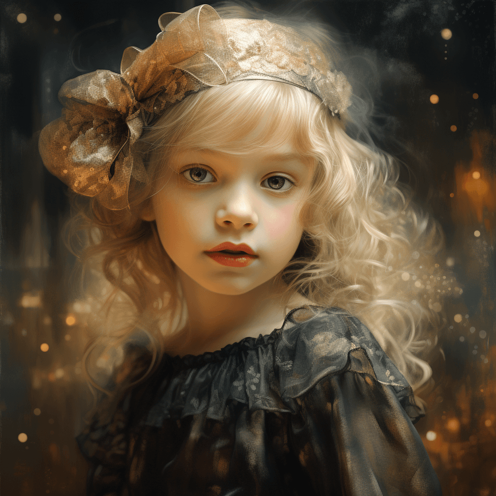 AI generated: Close-up little vintage girl in velvet dress, by Valent10179, pastel tones background, in semi-profi...