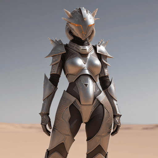 AI generated: female in futuristic armor in a desert on Mars-like planet, in the style of dark silver and dark bro...