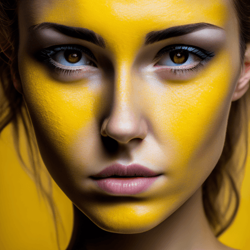 AI generated: photography, upper body, yellow hue, woman model, solid yellow backdrop, yellow eyes detailing, usin...