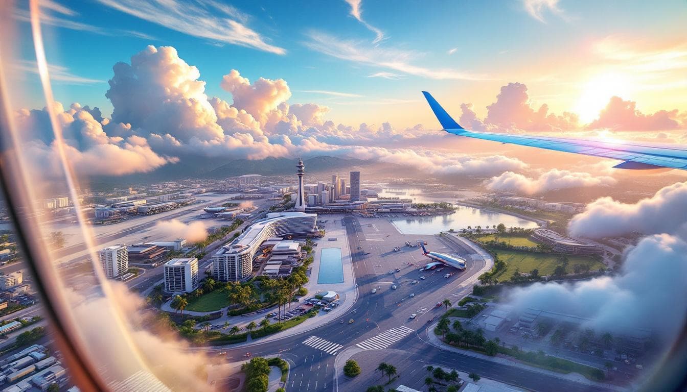 AI generated: Hyper-realistic, aerial view of a modern tropical city airport during a summer morning. Captured thr...