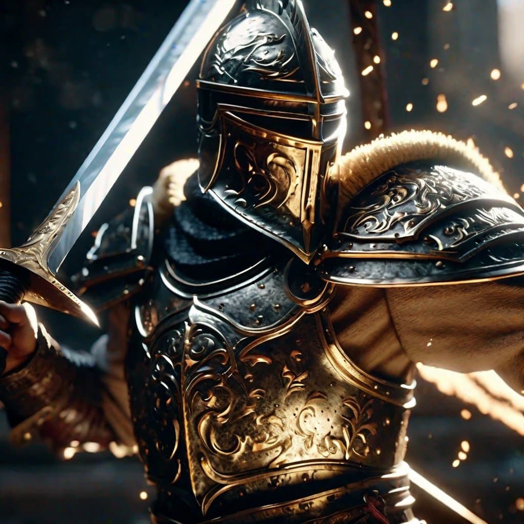 AI generated: An incredible detailed shot of a paladin swinging a greatsword, 8k, extreme detail, photorealistic, ...