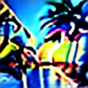 AI generated: (masterpiece , award winning , highest quality:1.2), palm tree , sunset , ocean , graphic color logo...