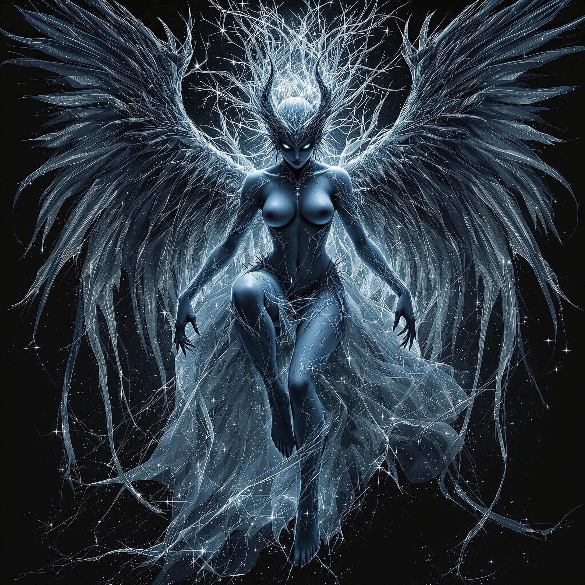 AI generated: black light poster of a intricate portrait of An amazing mythical female angel creature, barefoot, f...