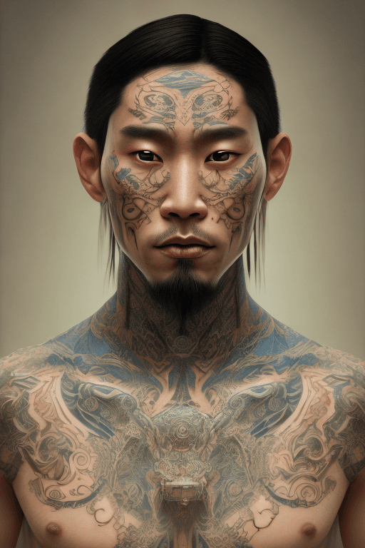 AI generated: hyper realistic photograph, portrait of a tattooed asien indigenous man with BLUE eyes and BLACK hai...