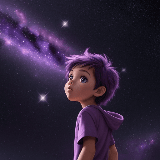 AI generated: cute. cartoon. child. background of purple galaxy sky and beautiful. amazing. cinematic. youthful.