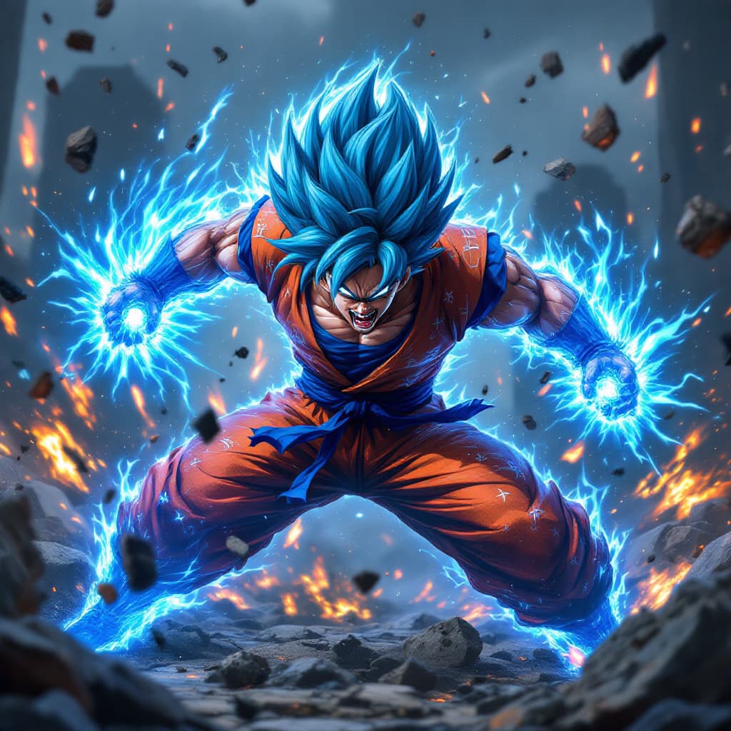 AI generated: realistic style, Goku fighting at war, raging, blue hair, character design, body is adorned with glo...