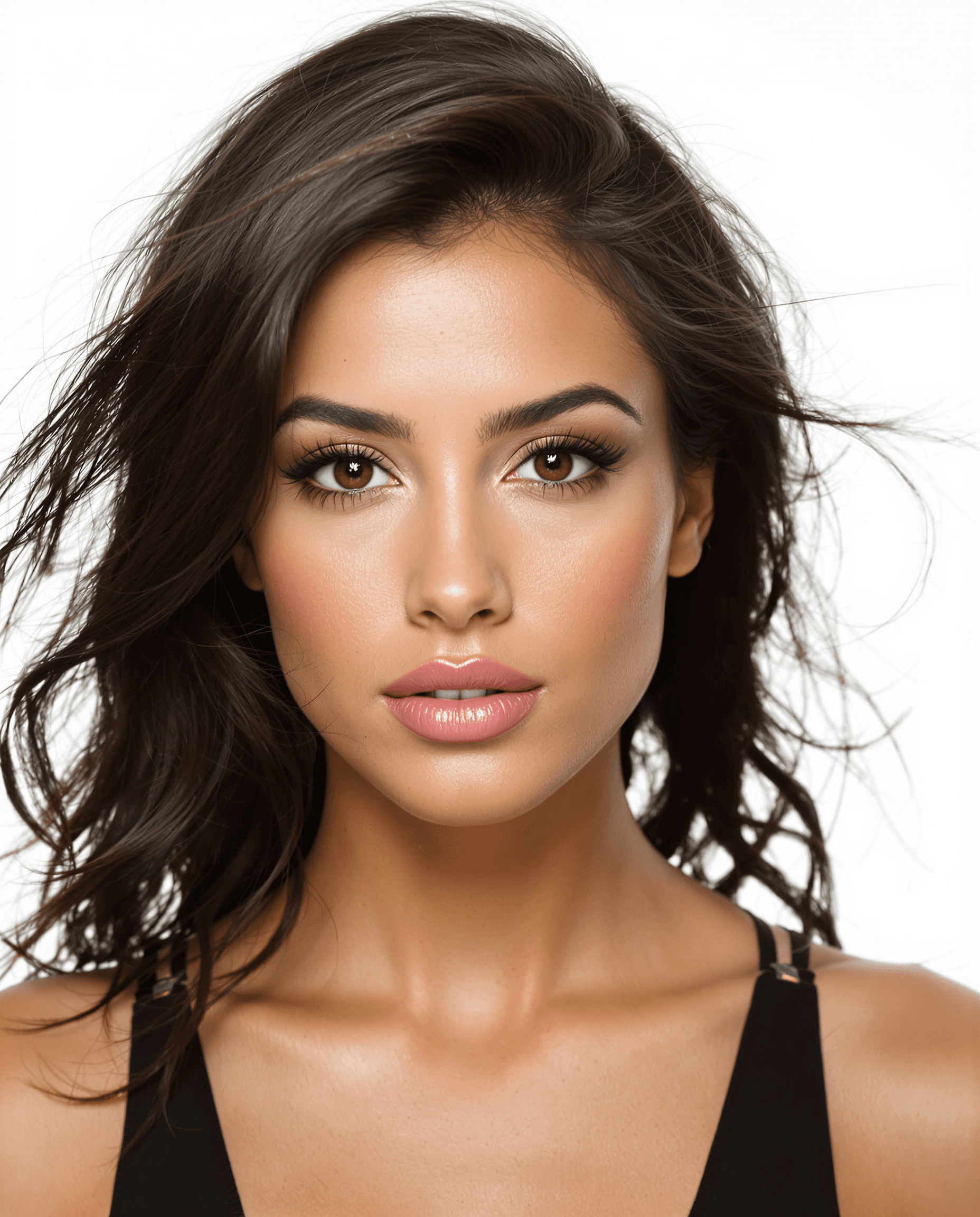 AI generated: A hyper-realistic, ultra-detailed front-view portrait of a stunning brunette woman with deep brown e...