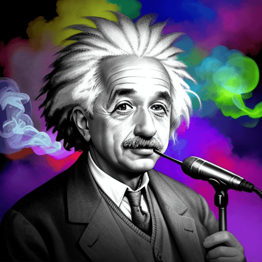 AI generated: Famous Albert Einstein, holding a microphone and singing at an , colorful lights, smoke in the air