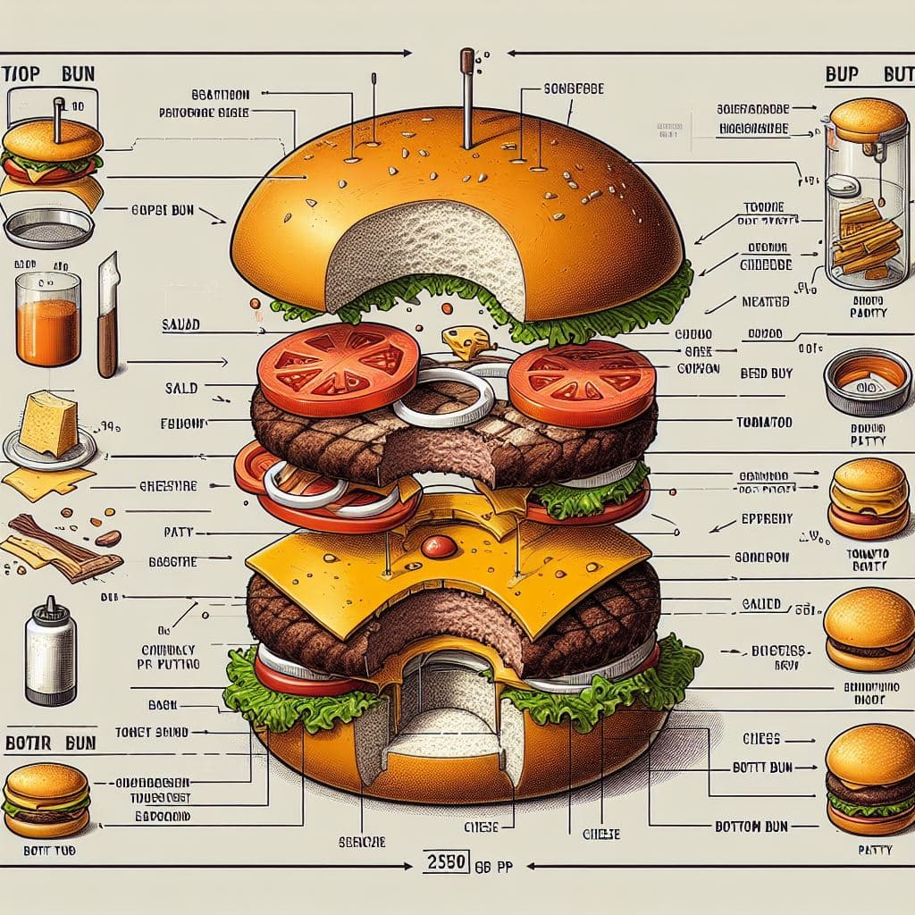 AI generated: Engineering diagram showing an exploded view of a cheeseburger with all its components separated and...