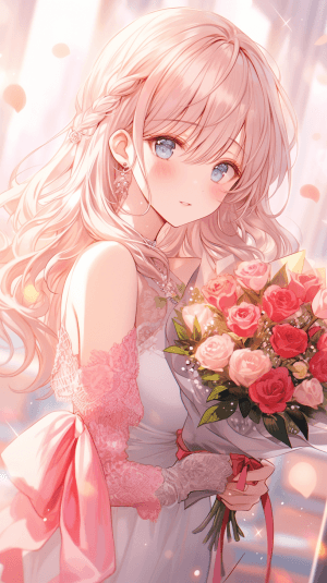 AI generated: A picture of a romantic Lexeme-Taste Synesthesia anime protagonist holding a bouquet of roses, love ...