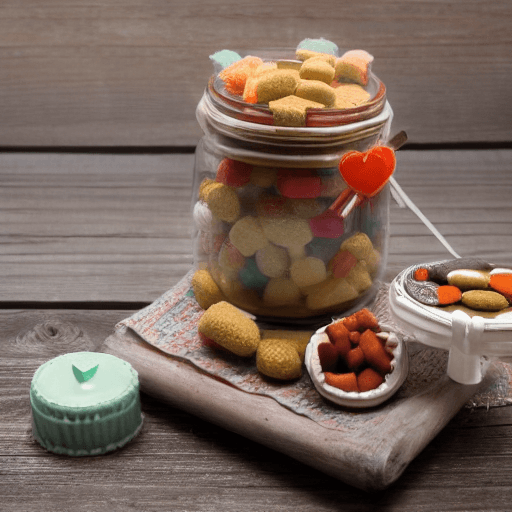 AI generated: A jar of sweets, on a rustic wooden table, with grey wall background