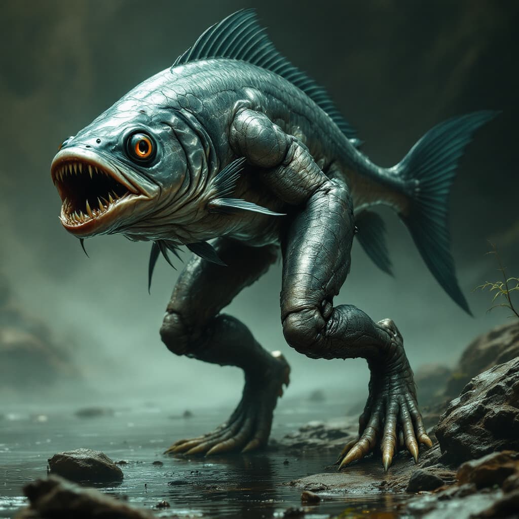 AI generated: A terrifying hybrid creature, a piranha with human legs. Its body is that of a typical piranha, with...