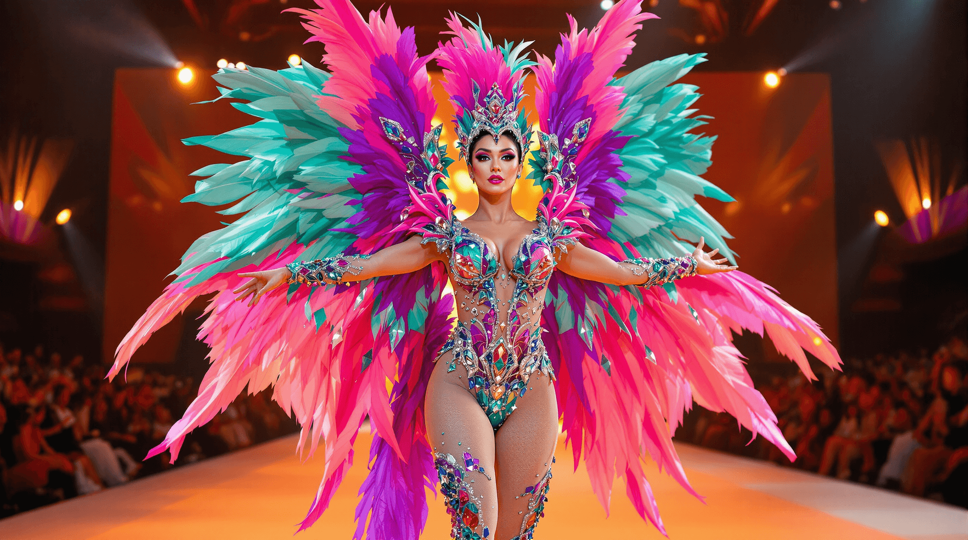 AI generated: Hyper Realistic A stunningly Curvy expressive model Woman a fashion show runway. Light-skinned on a ...