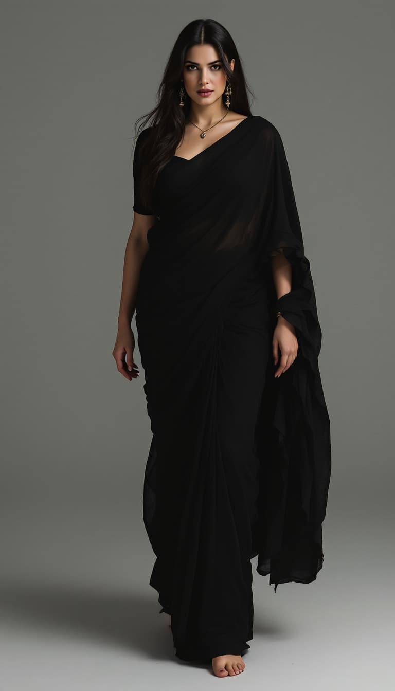AI generated: Close up view of Liv Tyler, wearing black saree, front side zoom ultra, fat body type.